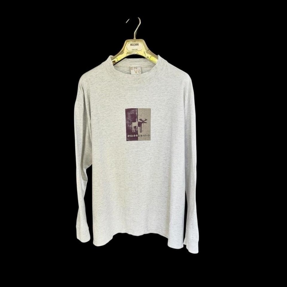 Vintage 90's Adirondack Moose Long Sleeve Mens Shirt Large Grey Distressed‎ Y2K